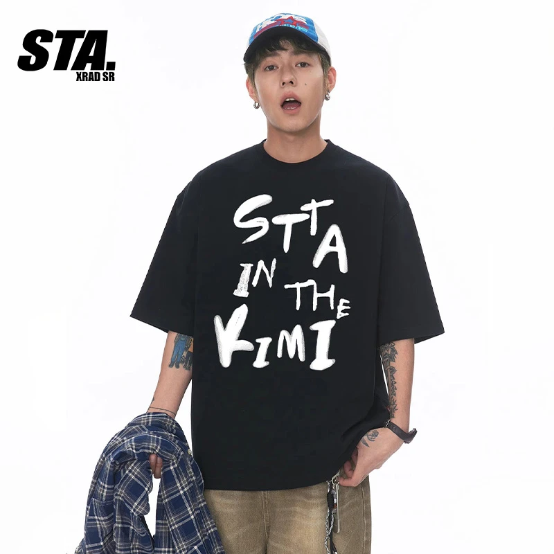 STA.美式短袖T恤夏季男士潮牌纯棉爆款2025新款黑色宽松休闲百搭