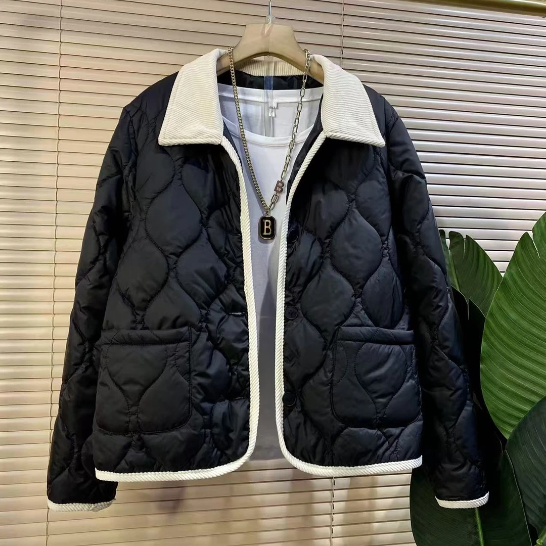 D胖mm欧货时尚新款洋气撞色翻领设计薄棉显瘦外套