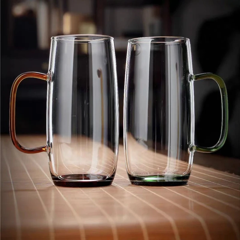 耐热玻璃绿茶杯大容量办公室彩色把手泡茶杯家用耐热透明玻璃杯