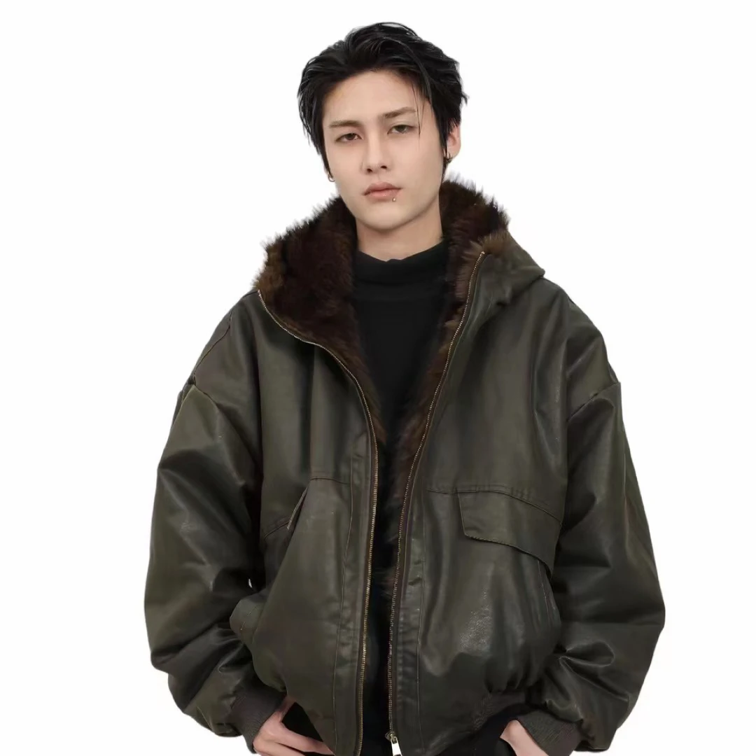 冬季高街个性连帽加绒座山雕皮衣外套男士百搭保暖
