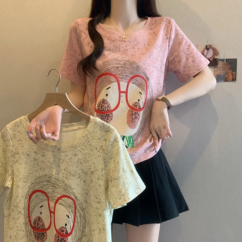 胖妹妹夏装新款宽松休闲上衣大码女时尚俏皮卡通印花扎染短袖T恤