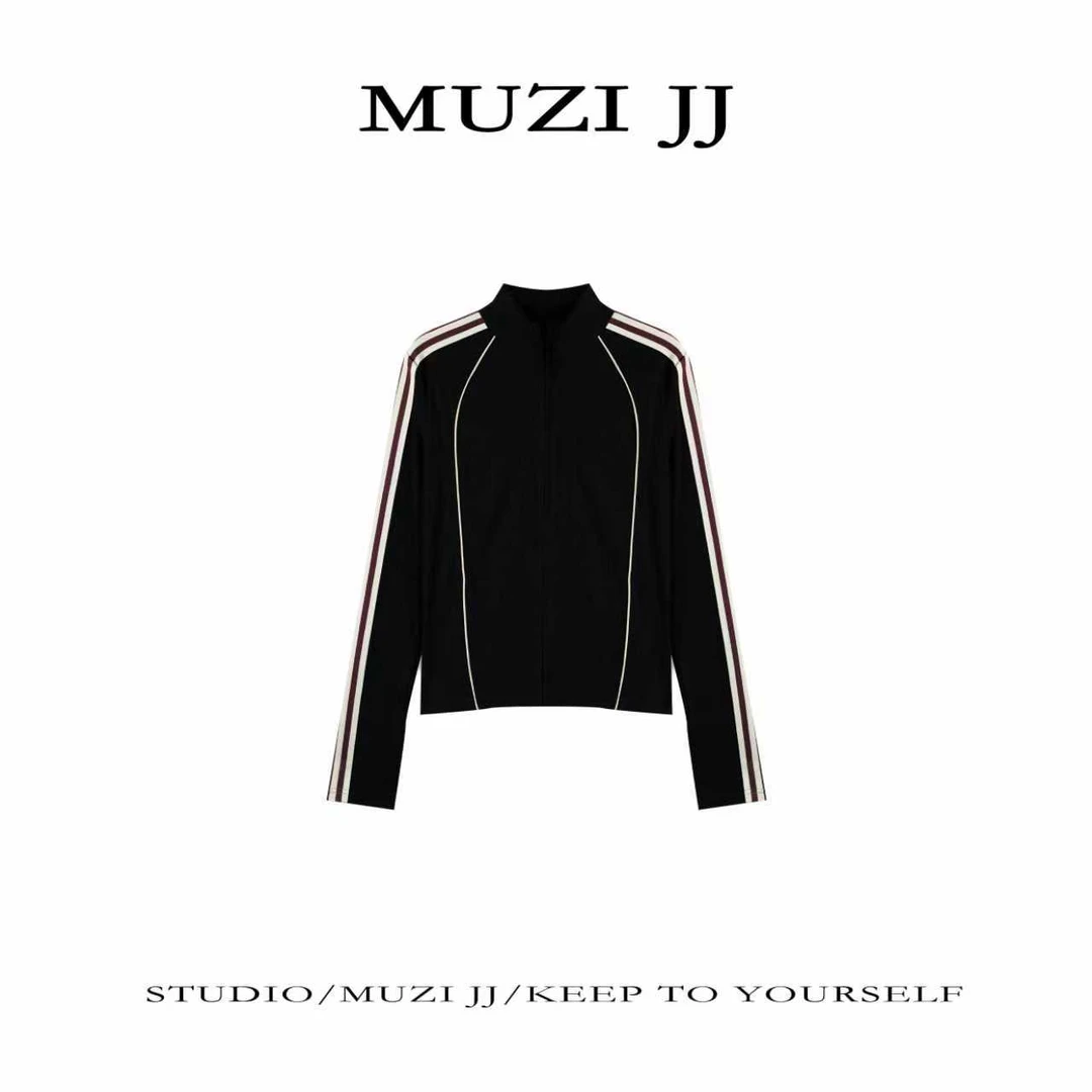 MUZI-7933#美式复古休闲时尚百搭立领侧条拉链外套