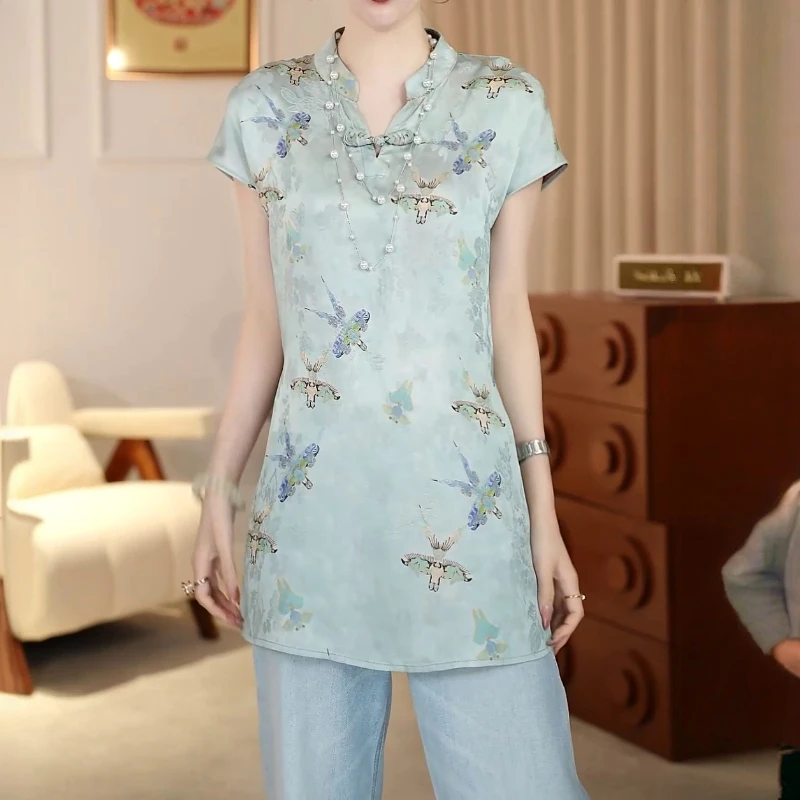 新中式蓝色优雅高贵气质上衣短袖女装夏季中长款国风盘扣薄款衬衫