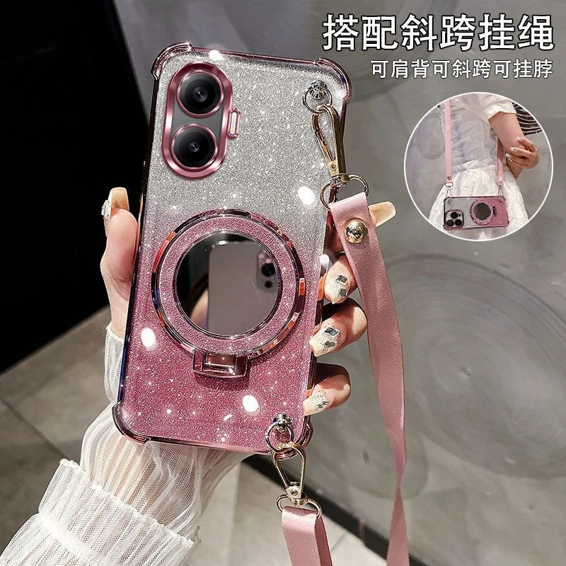 红米Turbo4Pro手机壳5G轻奢女款斜跨挂绳四角防摔化妆镜支架硅胶