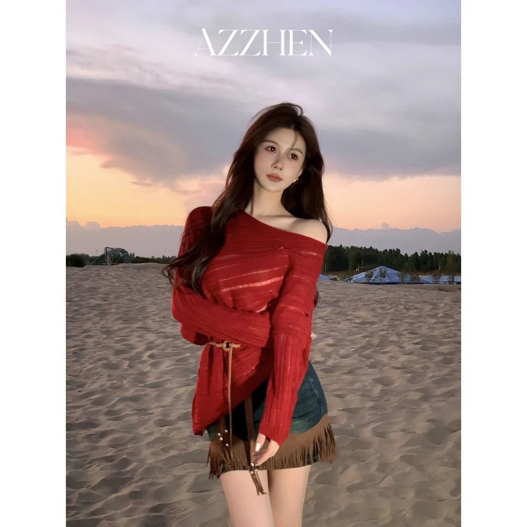 （秋势力周）AZZHEN【微醺恋曲】镂空优雅一字肩针织上衣AZ4KBT35-00