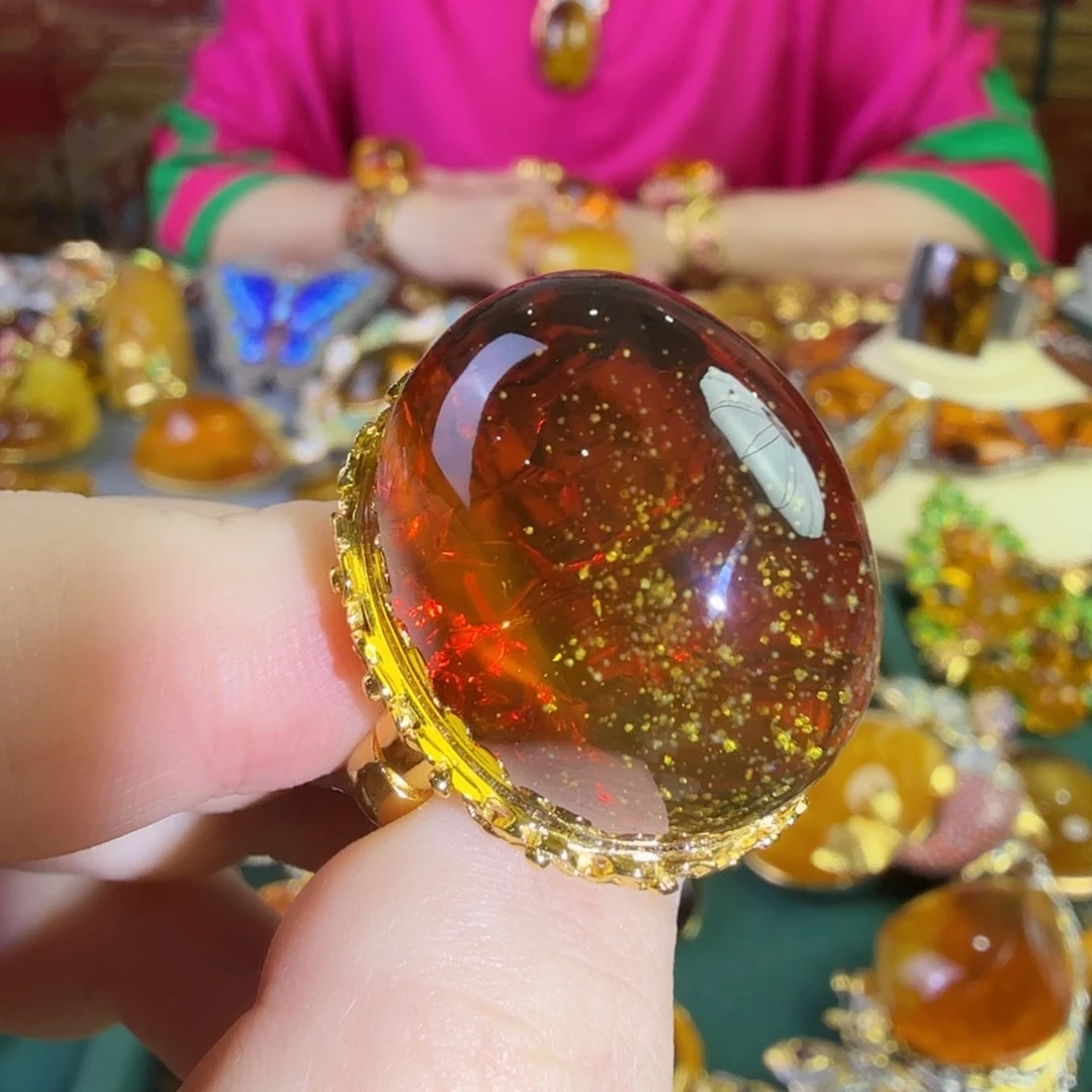 琥珀银S925镀金镶嵌戒指