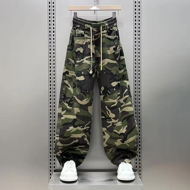 春夏美式新款迷彩工装裤男士2025复古阔腿弯刀裤户外百搭运动长裤