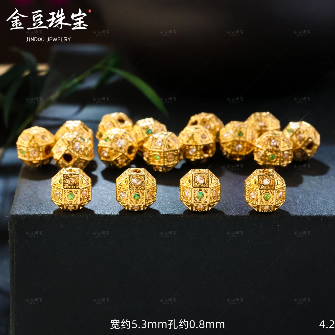 【金豆工厂】18K金豪镶6mm八棱珠转运珠手串项链隔珠（厚5D金）F