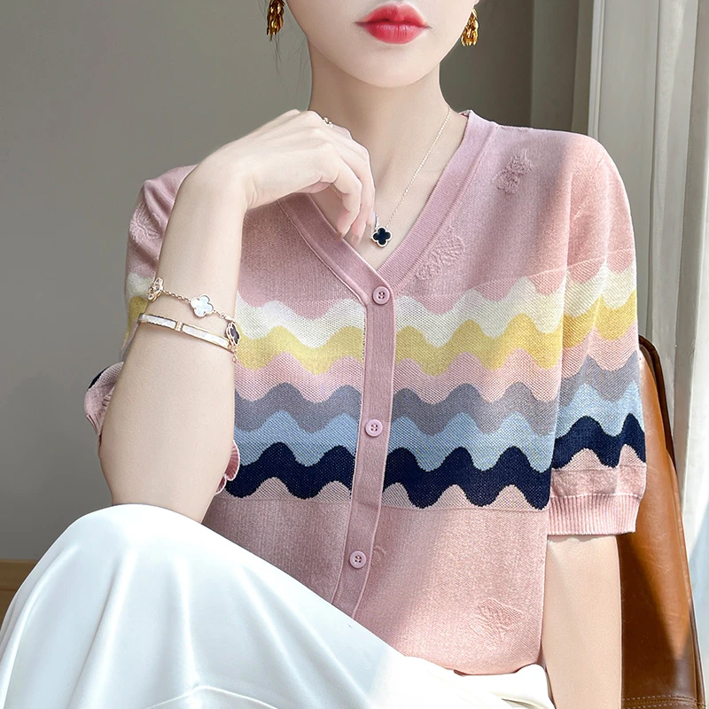 哥弟阿玛施正品夏季新款莱赛尔天丝针织衫短袖撞色提花T恤衫上衣