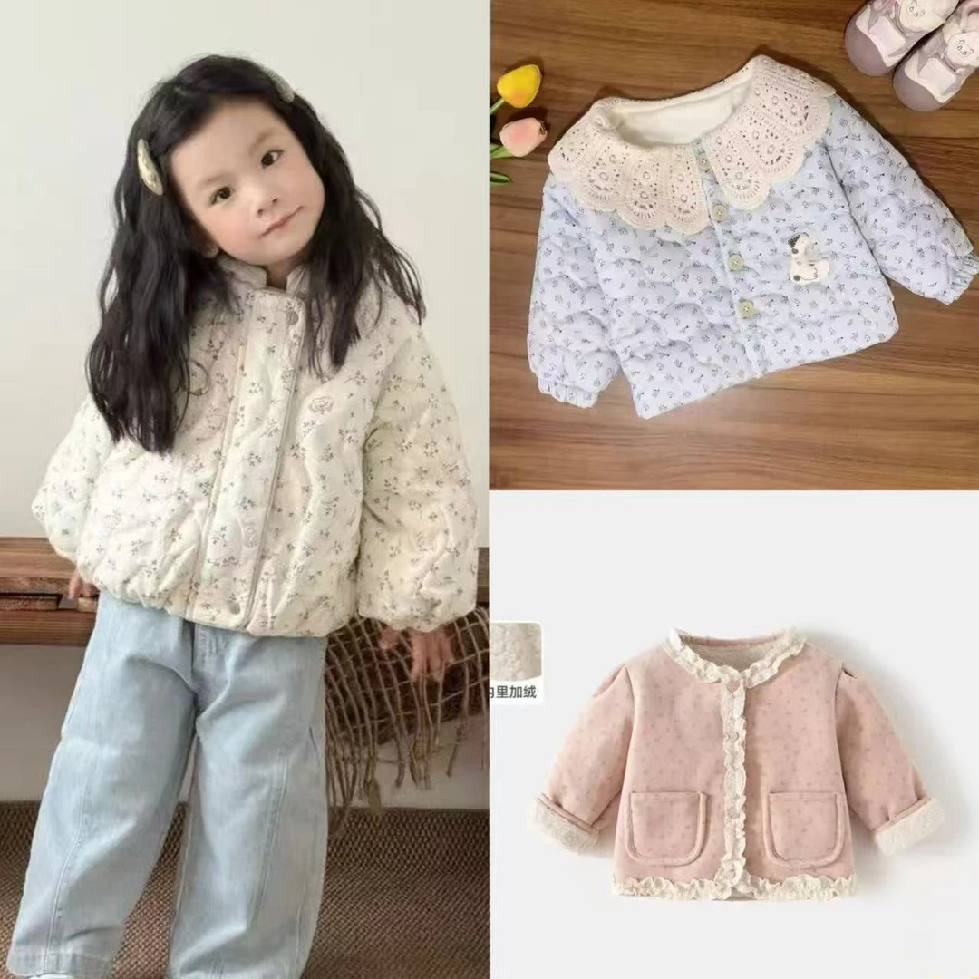 2025秋冬新款儿童冬装加绒加厚棉袄女童洋气花边棉外套外出服
