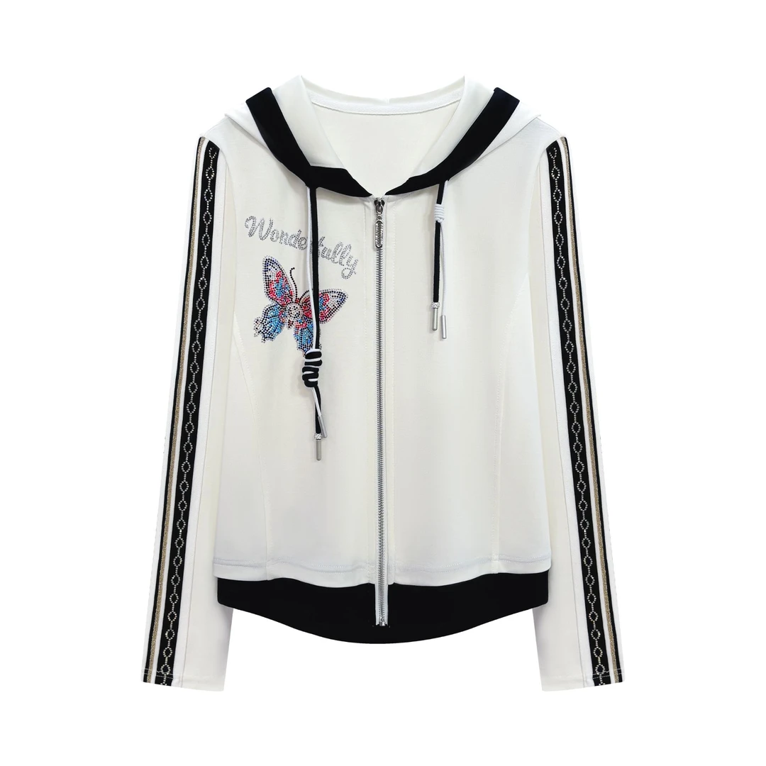 2025 新款时尚烫钻百搭长袖黑白拼接上衣#6731