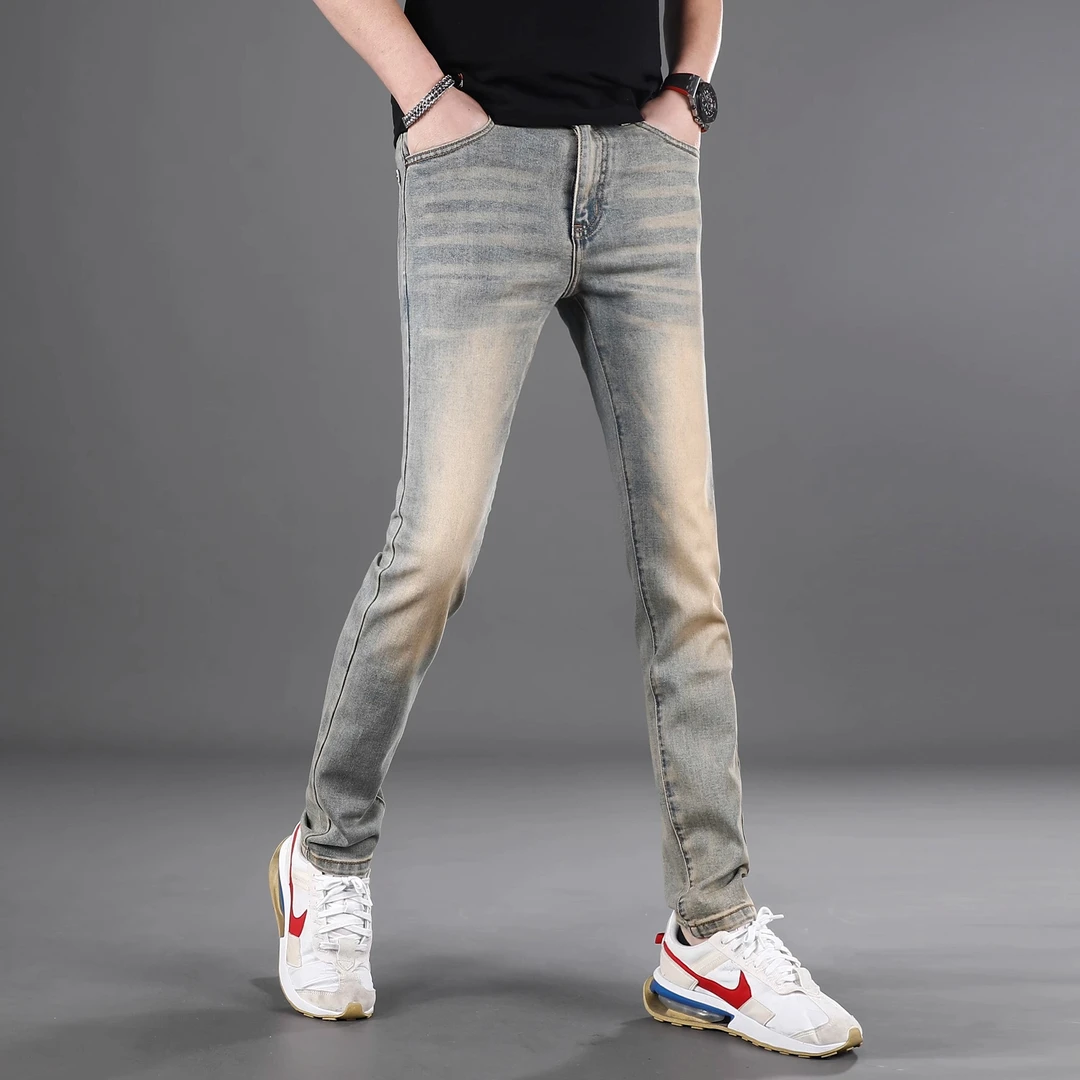 高端复古黄泥色牛仔裤男士爆款2025新款夏季薄款修身小脚弹力水洗