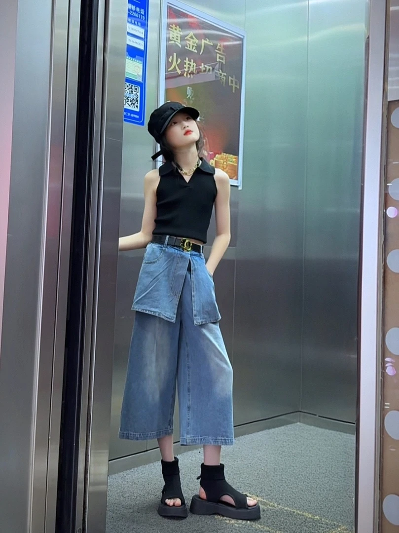 夏季设计感屁帘阔腿牛仔裤女童2025夏季新款中裤裤子