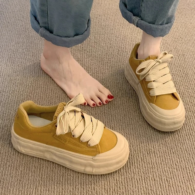 2025春季新款厚底松糕鞋系带德训鞋百搭圆头休闲运动鞋时尚板鞋女