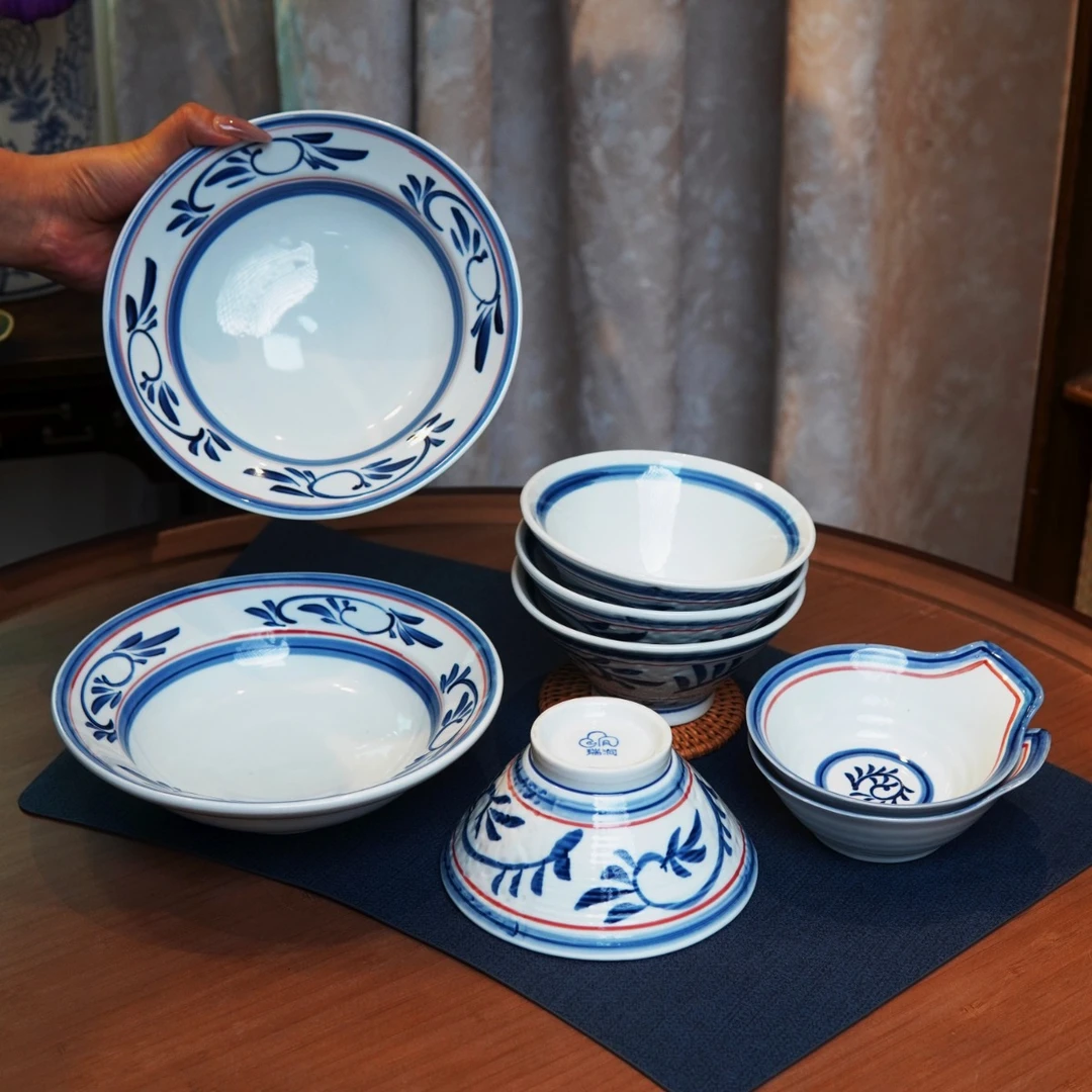 【520限时八件套】瑞涧唐草斗笠高足八件套组手绘釉下彩陶瓷饭碗