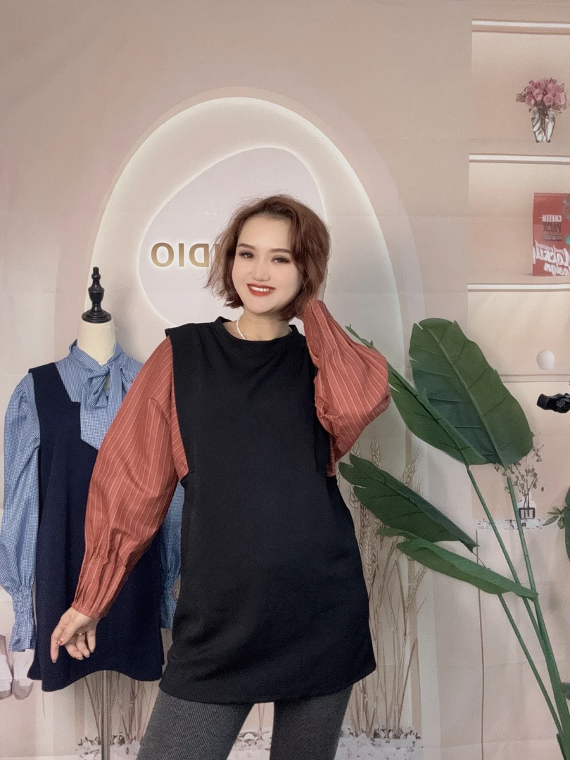 高端欧货秋冬新款设计感小众条纹拼接中长款宽松时尚圆领卫衣裙女