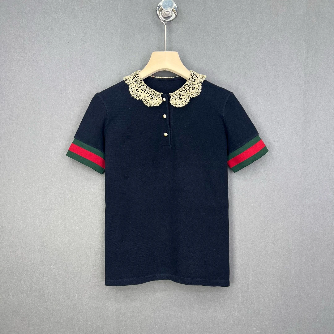 95新 GUCCI/古驰 S码/黑色蕾丝荷叶边Polo短袖T恤/13265269