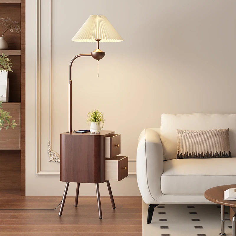 法式中古风落地灯客厅沙发旁置物架高级感复古卧室床头柜一体台灯