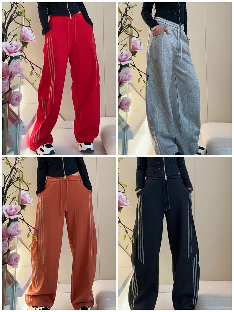 D秋冬新款3934曳舞闪钻休闲裤显瘦长裤弯刀阔腿裤