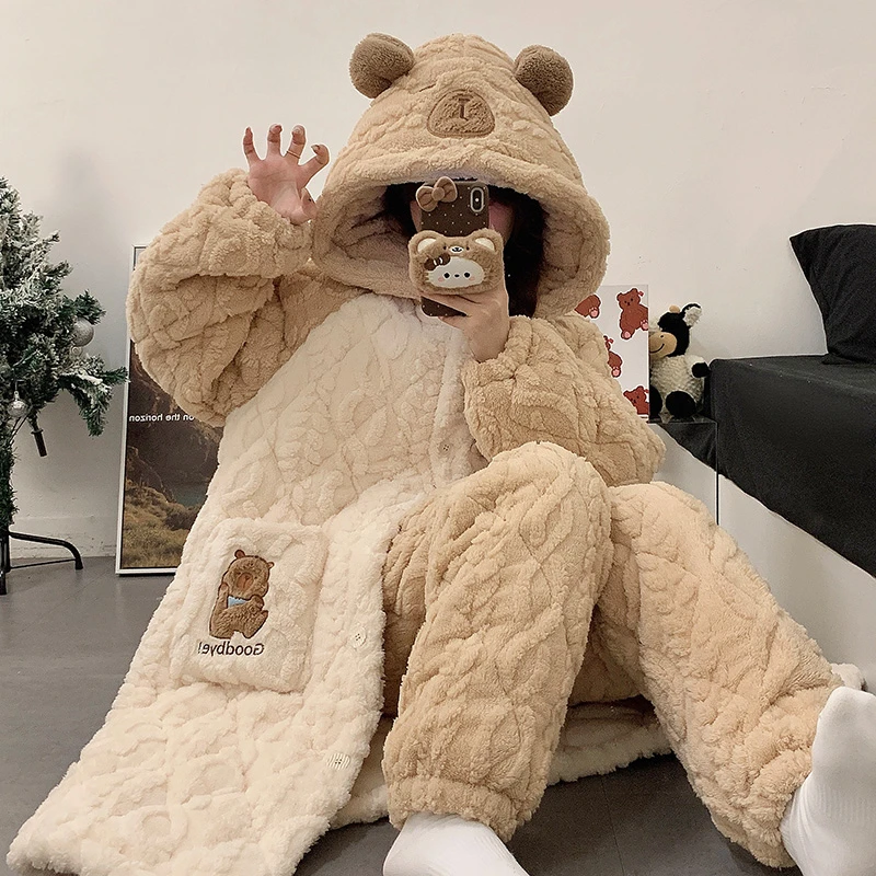 2025新款珊瑚绒睡袍女冬季睡衣高级感连帽三层夹棉加绒加厚家居服