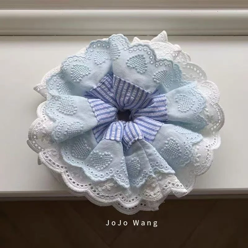 海盐浅蓝芭蕾风褶皱缎面花边蓝条纹大肠发圈高级感丸子头头绳女