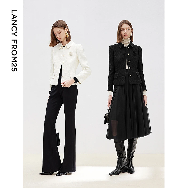 朗姿复古翻领小香风高级感修身上衣外套2025年春季新款气质短外套