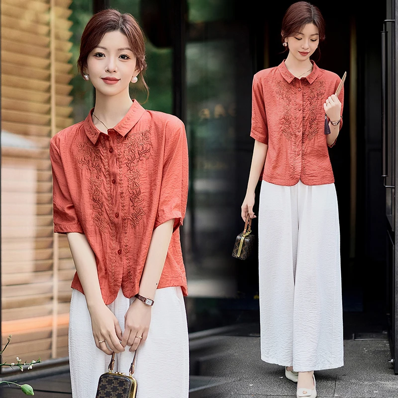 新中式风刺绣套装女2025夏季新款妈妈气质短袖衬衫阔腿裤两件套