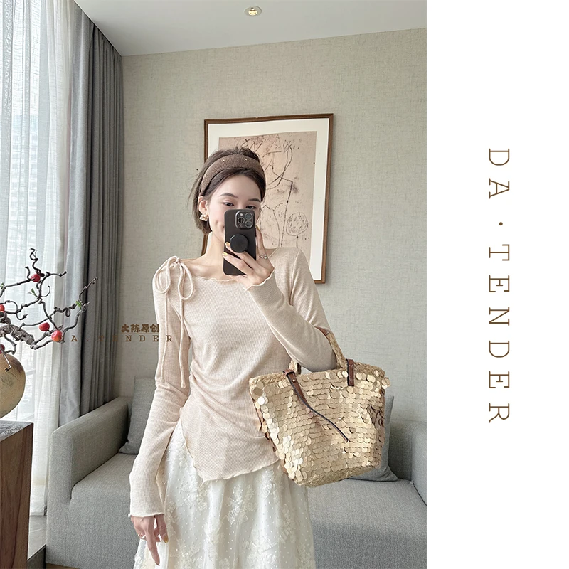 DA【清】曼妙波边系带上衣-XG3903