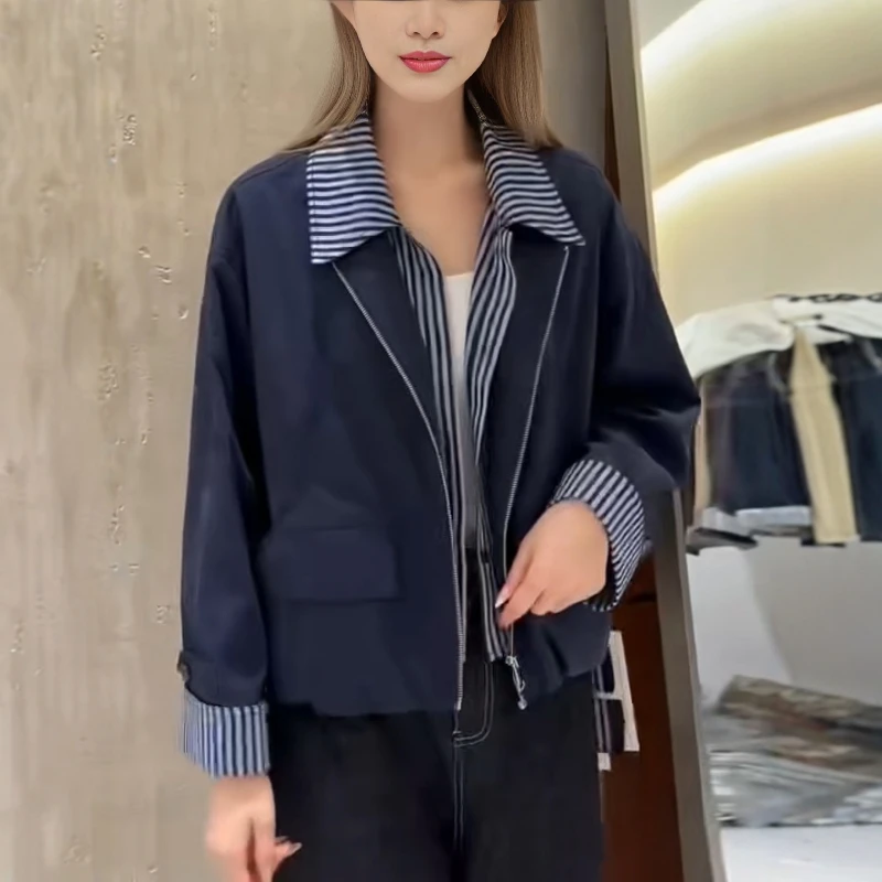 2025春秋新款休闲百搭宽松显瘦翻领短款外套女假两件拼接夹克上衣