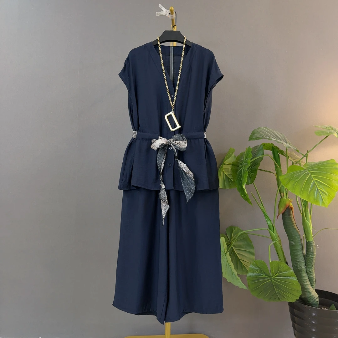 夏季新款时尚V领砍袖丝巾收腰上衣＋阔腿裤俩件套高端轻奢大码女装