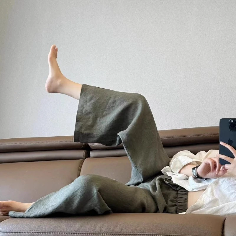 阔腿裤女夏季小个子直筒裤垂感慵懒松弛感裤子亚麻麻料休闲裤