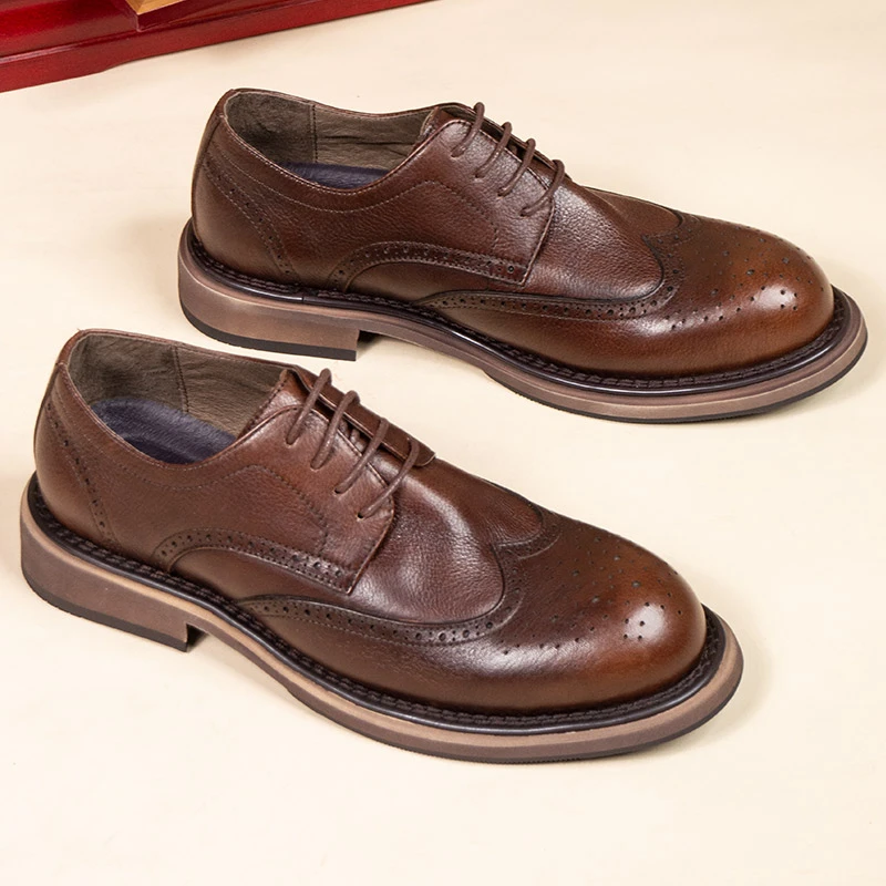 真皮商务正装男士圆头皮鞋布洛克休闲男鞋结婚新郎鞋英伦风德比鞋