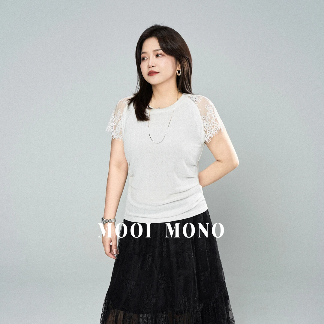 MOOI MONO"月染清荷"显瘦气质时尚撒片蕾丝圆领插肩袖T恤 T775H52