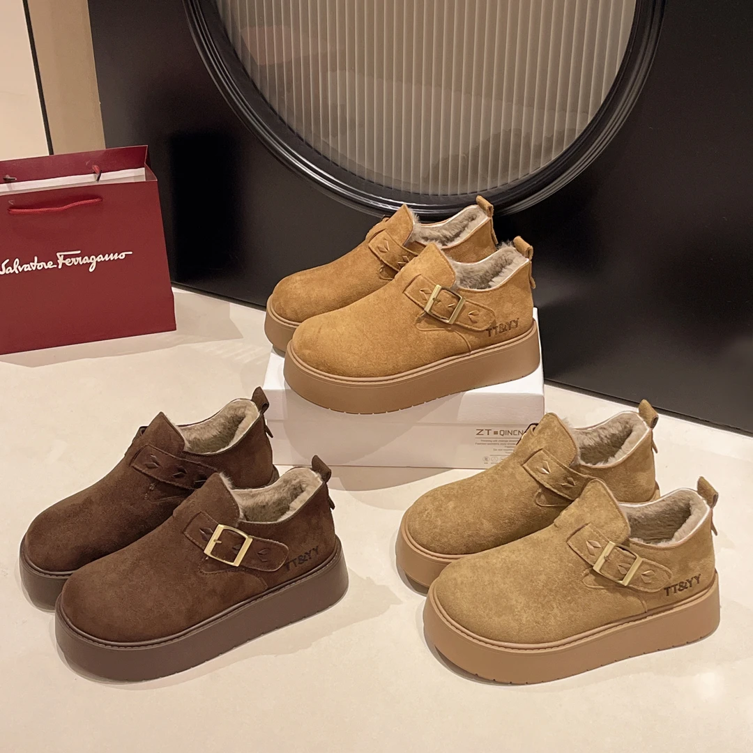 2025冬厚底圆头复古加绒加厚短靴切尔西舒适百搭马丁靴女雪地靴