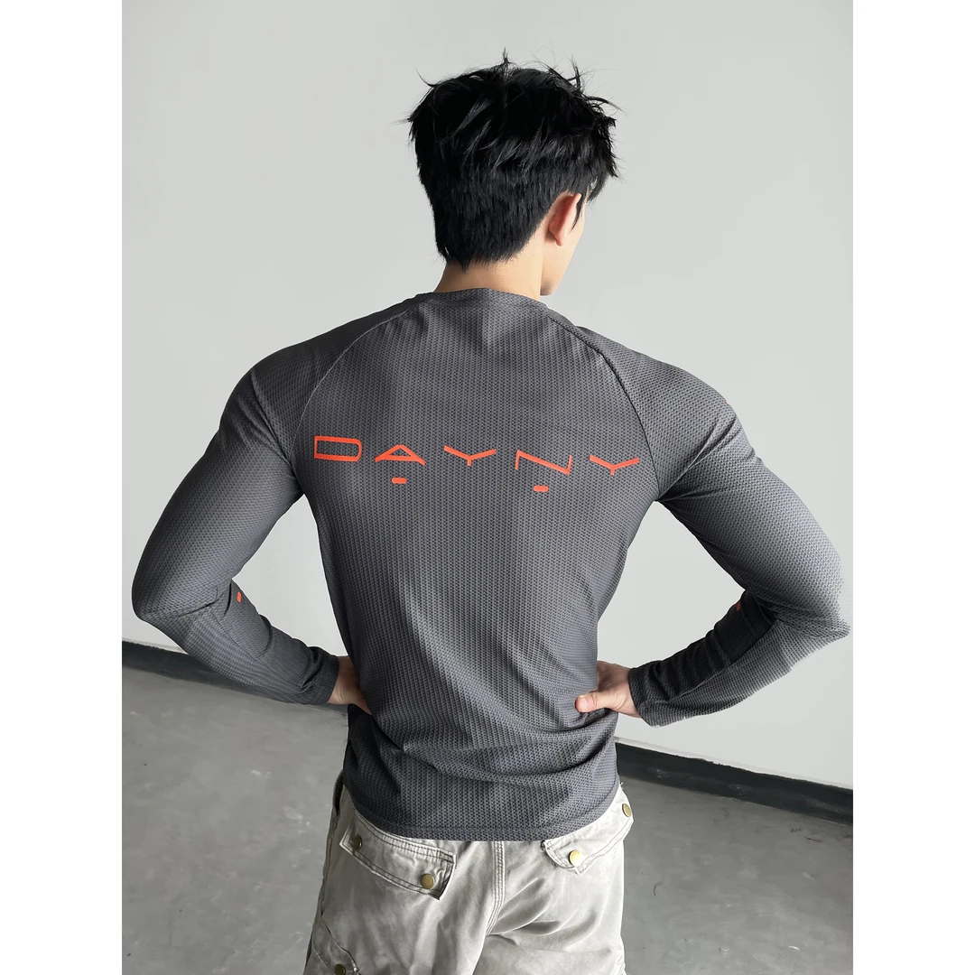 DAY NY蜂窝网眼运动休闲健身长袖男修身显壮美式插肩袖打底衫内搭