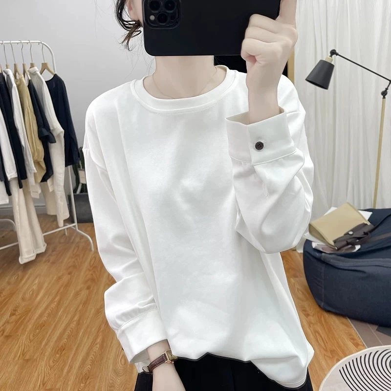 早秋新款小众简约拼接长袖T恤女袖子纽扣宽松纯棉圆领体恤上衣潮
