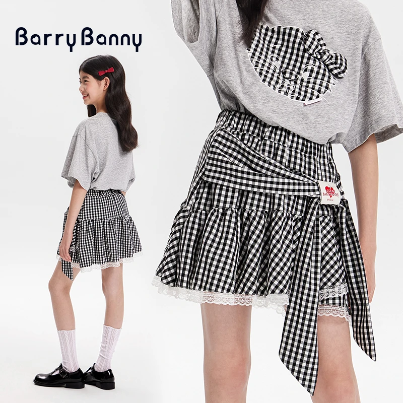BarryBanny女童格子半身裙2025夏季新款百搭女孩绑带蕾丝裙裤