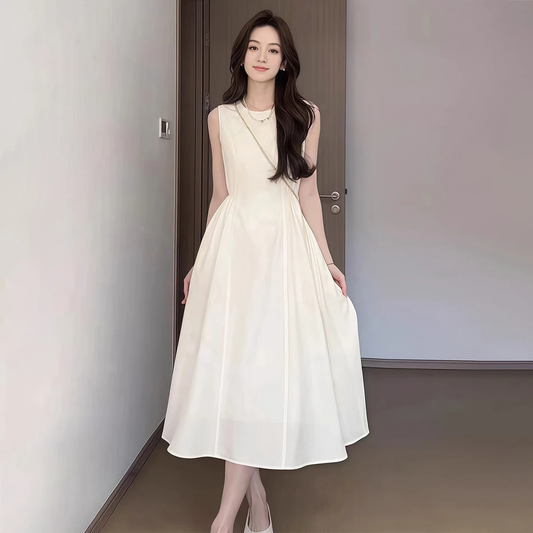 【现货+运补】白色无袖吊带背心连衣裙女收腰显瘦海边度假长裙5285
