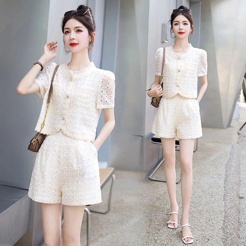 法式小香风蕾丝套装女2025夏季新款时尚气质减龄小个子短裤两件套