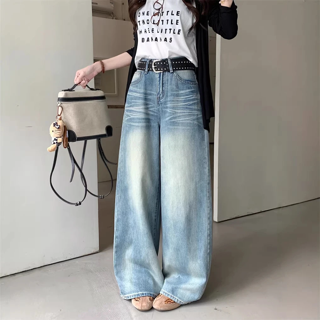 实拍春款复古折痕水洗牛仔裤女高腰显瘦a字口袋直筒阔腿拖地长裤