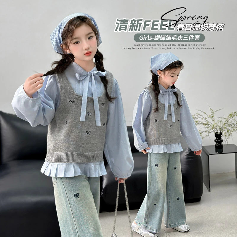 【香香妈】女童刺绣女韩版春季套装蝴蝶结牛仔裤中大童女孩洋气女孩