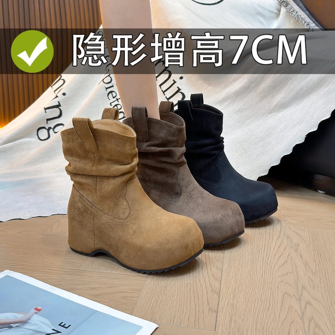 软皮内增高短靴女2025新款秋冬粗跟小个子堆堆靴厚底瘦瘦勃肯靴