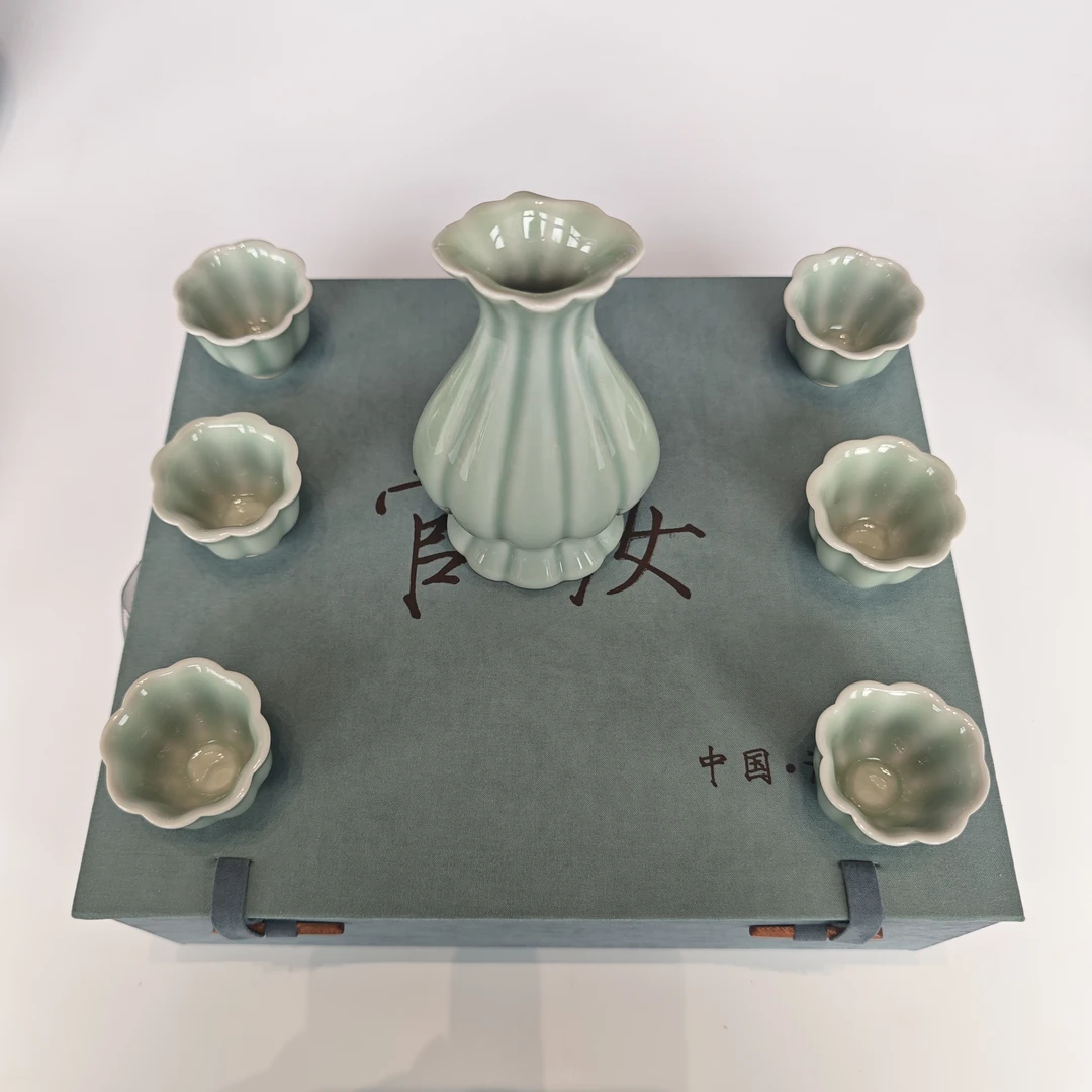 汝窑官汝花楞酒具套装1器6杯手工中式陶瓷