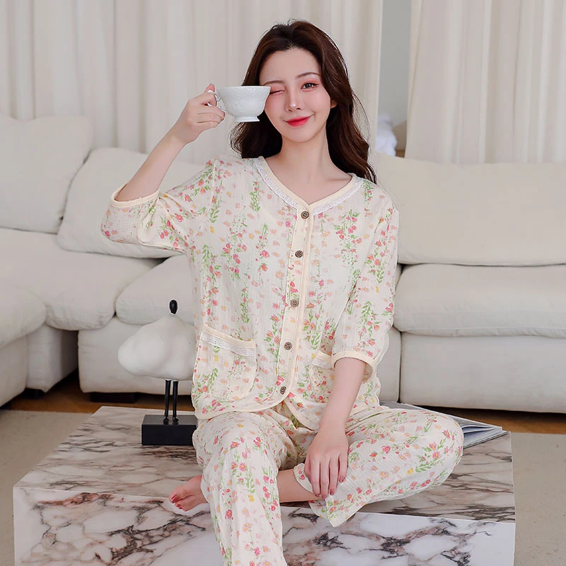 升级版长袖长裤纯棉纱睡衣女士春秋夏季套装家居服薄款大码套装