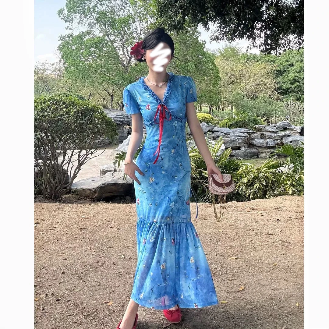 复古立体印花气质V领蝴蝶结度假长款连衣裙夏季短袖收腰显瘦25028