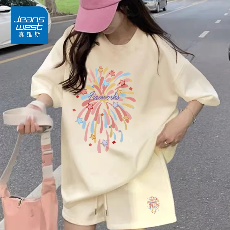真维斯休闲运动套装女夏学生时尚洋气短袖短裤宽松一整套ootd穿搭