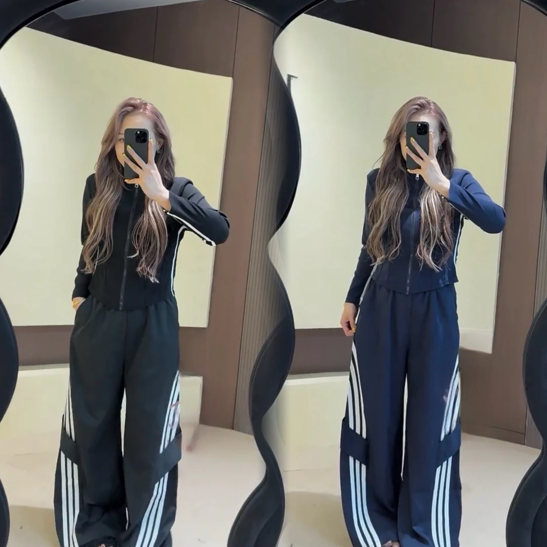 2025秋季新款大码三条杠显瘦瑜伽服长袖上衣美式弯刀阔腿裤套装