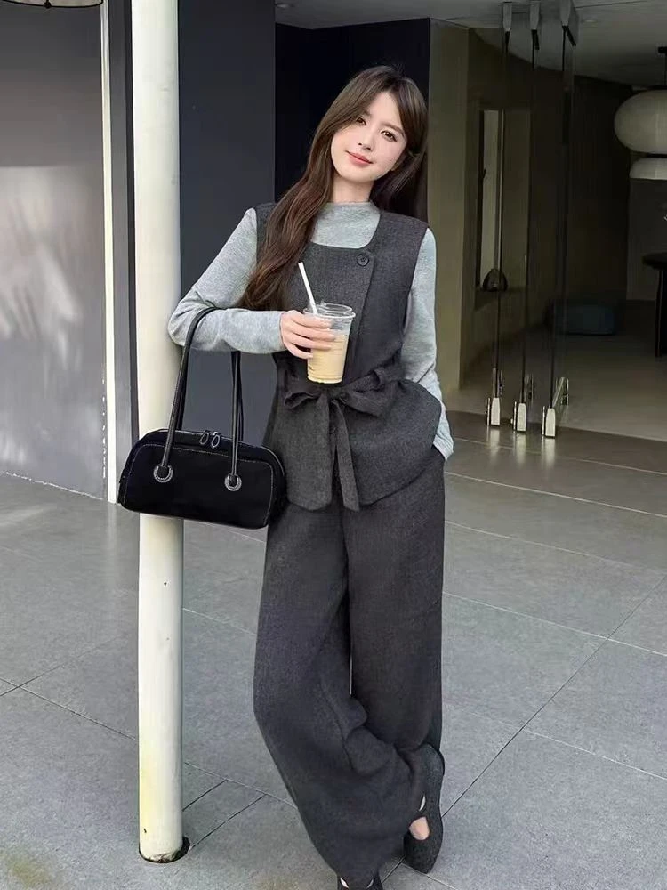 【2025秋冬新款三件套】长袖T恤百搭减龄显瘦阔腿裤时尚款收腰+气质