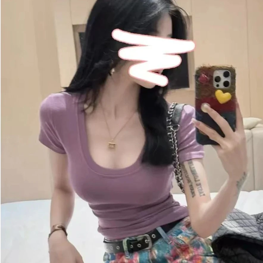 时尚洋气低U领高级短袖修身上衣2025夏季女装显瘦百搭短款正肩T恤
