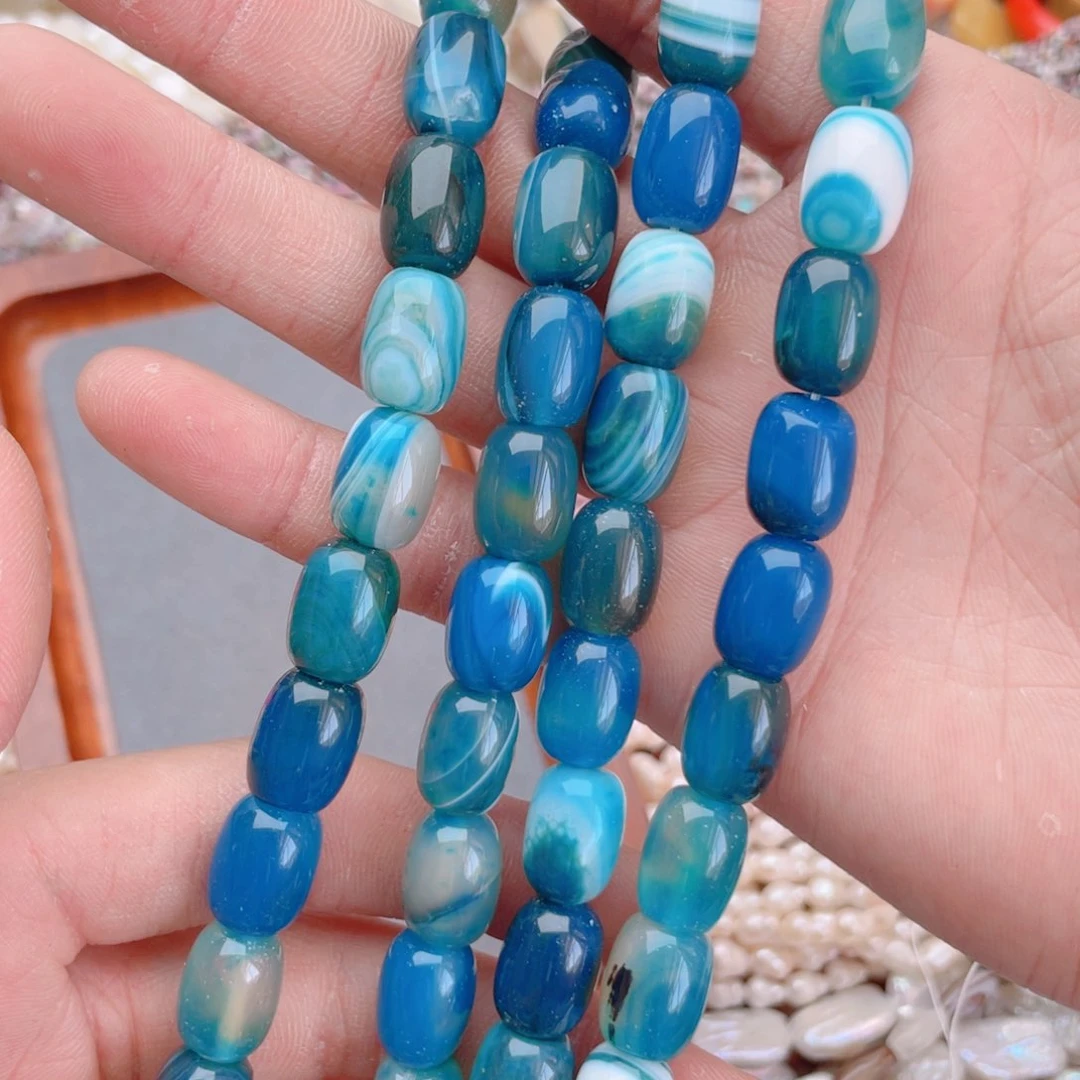 玛瑙/玉髓天然石未镶嵌蓝玛瑙桶珠1条卡10*14